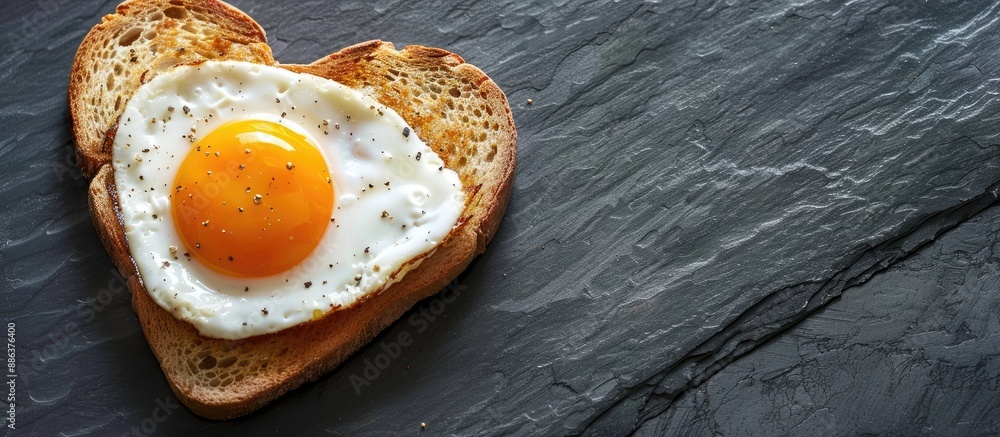 Aufkleber Heart shaped toast with a fried egg on a vintage slate background ideal for presenting cooking or health themes featuring a copy space image from a top down perspective
