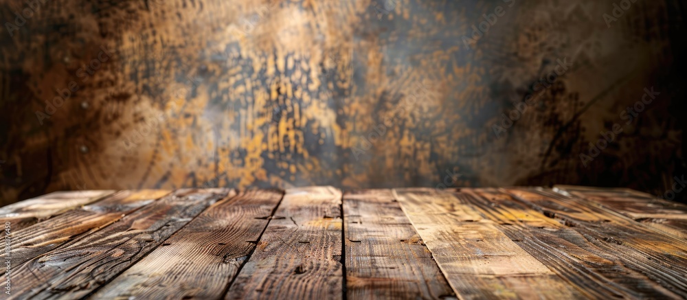 Fototapete Close up of a rustic wooden surface with horizontal boards and a textured old wall in the background providing copy space for images