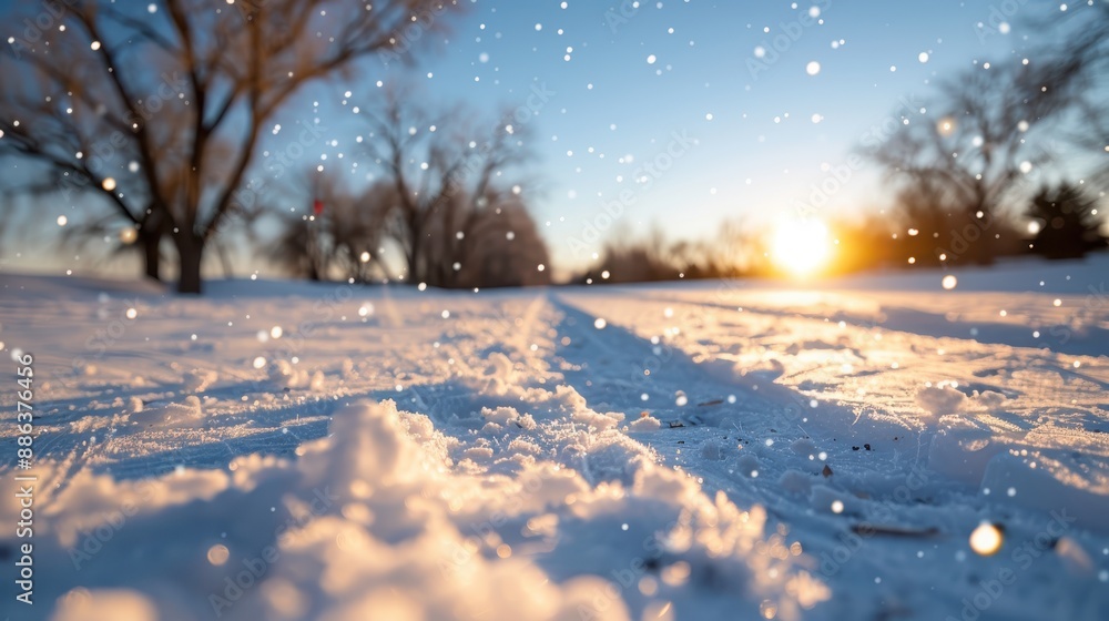 Aufkleber a mesmerizing view of snowfall under a setting sun in a snowy park, creating a magical scene filled 