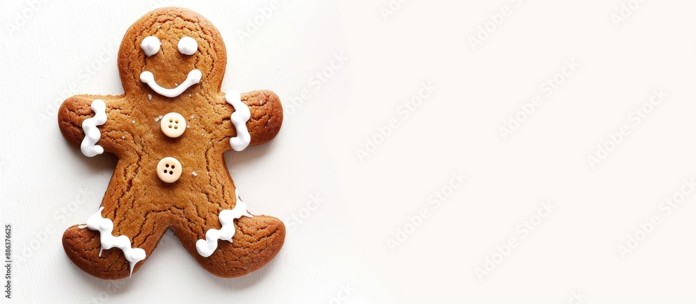 Poster A gingerbread man with buttons photographed against a white backdrop displaying ample copy space image