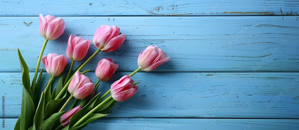 Poster top view of pink tulip bouquet on blue wooden backdrop with selective focus ideal for copy space ima