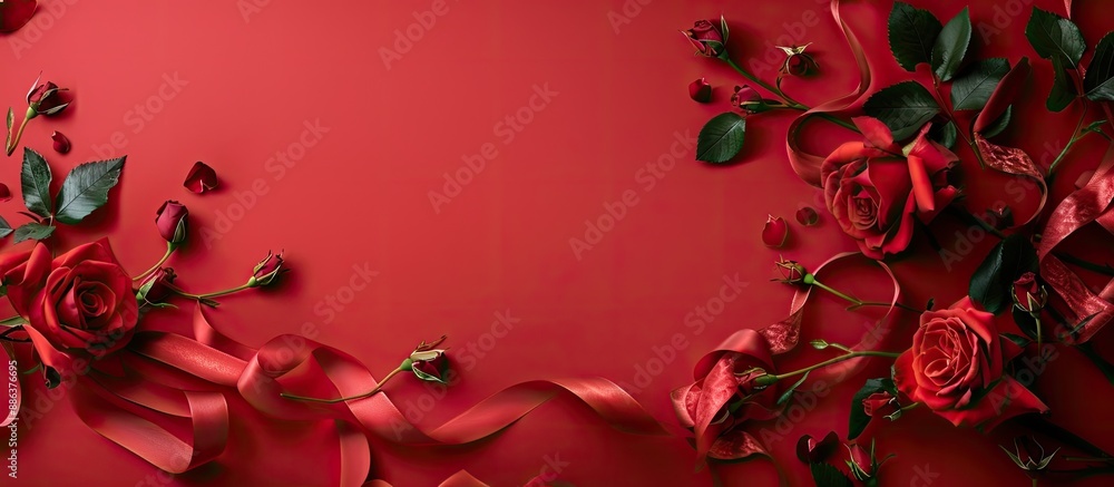 Poster a composition featuring a rose themed greeting card accompanied by ribbons placed on a vibrant red b