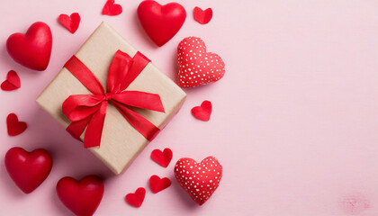 Valentine or mother day festive composition with gift or present box and red hearts on pastel pink background top view. Flat lay greeting card.