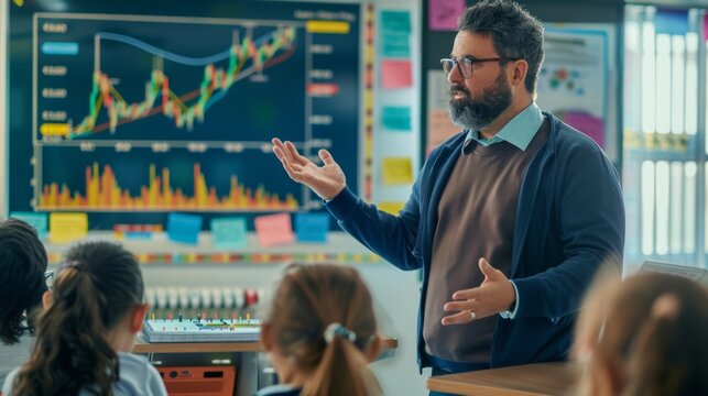 A classroom setting with a teacher explaining stock market graphs to students.
