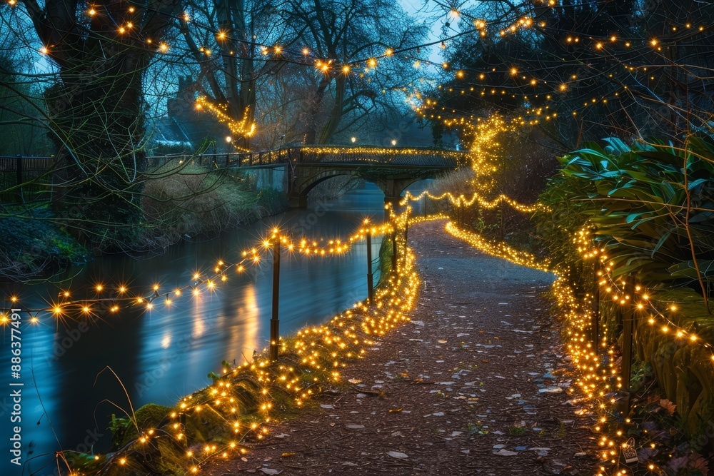 Poster christmas lights illuminate a path near a river, creating a magical scene, design an enchanting tabl