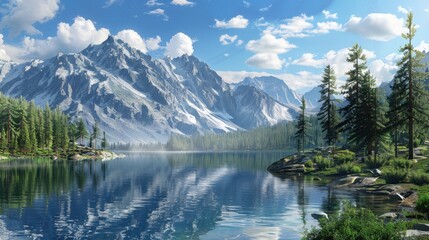 Fototapeta premium Mountain Lake Background: Tranquil mountain lake framed by majestic pines and rugged peaks, reflecting a clear blue sky and wispy clouds above. 