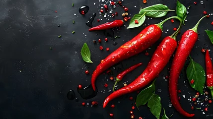 Glasschilderij  Red Chili Peppers with Basil and Spices  © MD