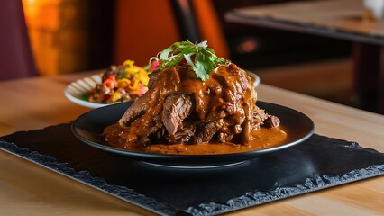 Beef Rendang on black plate at black slate table top