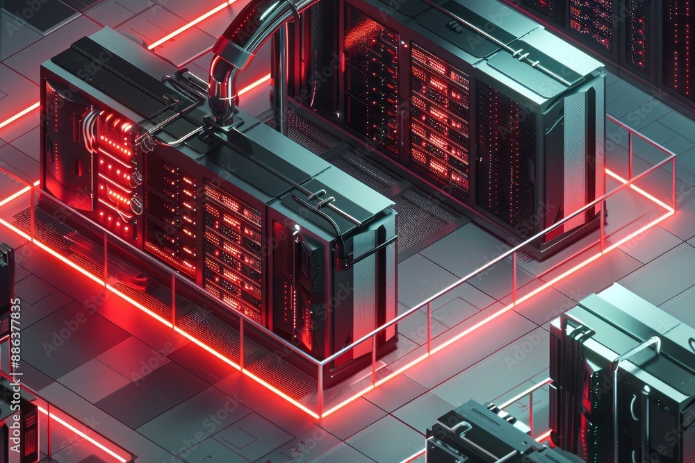 Poster detailed 3d visualization of a server room illuminated by red lights, design an isometric illustrati
