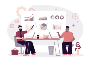 Team of business analysts studying charts and graphs, employees at workplace. Project management, financial analysts, economist working in office.