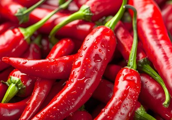 Close-Up Pile of Red Chili Peppers with Water Droplets