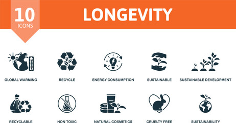 Longevity icon set. Global Warming, Recycle, Energy Consumption, Sustainable, Sustainable Development, Recyclable, Non Toxic, Natural Cosmetics, Cruelty Free, Sustainability icons.