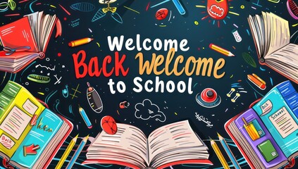 Dynamic school start illustration with floating educational tools and vibrant books on a blackboard.