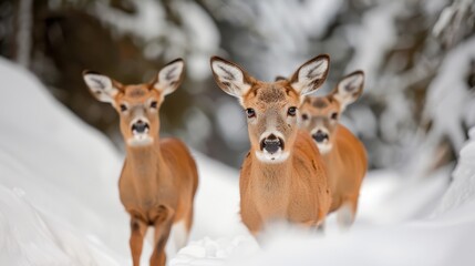 Obraz premium A close-up shot of three deer standing together in a snowy forest, their alert expressions and warm brown fur contrasting with the cold, white snow, evoking a sense of wildlife beauty.