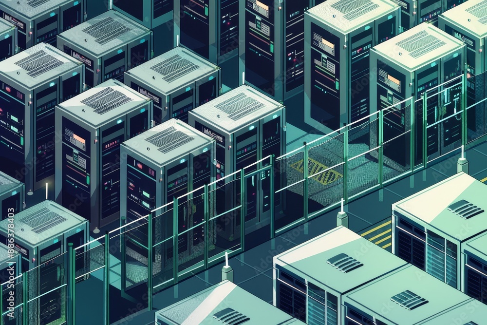 Poster a detailed look at a busy data center with numerous servers and equipment in operation, design an is