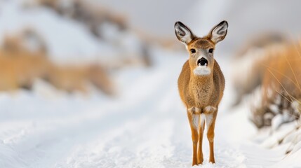 A solitary deer walks down a snow-covered path, surrounded by a serene winter landscape and distant, blurred trees, in a calm and peaceful outdoor setting with soft light.