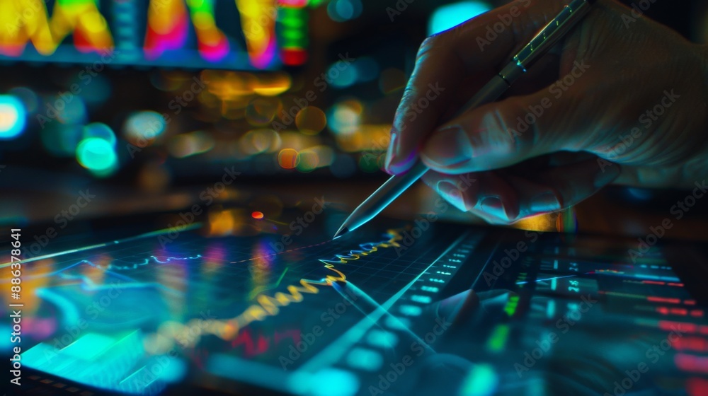 Poster a close-up of a hand using a stylus to highlight a trend on a stock market graph displayed on a tabl