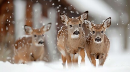 Obraz premium Three young deer run through a snow-covered forest, creating an energetic and dynamic scene that captures the playful and adventurous nature of wildlife in winter.