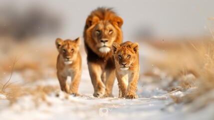 A lion family, with a majestic male and two playful cubs, strides confidently along a snow-covered...