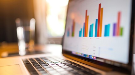 A close-up of a laptop screen displaying a colorful bar graph showing quarterly revenue.