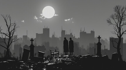 Black and white illustration of two figures standing in a cemetery, with a full moon illuminating a city skyline in the background, evoking a somber mood.