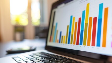 A close-up of a laptop screen displaying a colorful bar graph showing quarterly revenue.