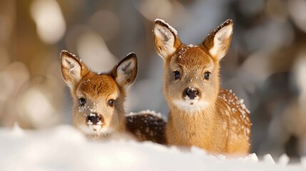 Obraz premium Two young deer stand close together in a snowy landscape, their doe eyes filled with innocence. Their gentle presence adds a serene and peaceful touch to the winter scenery.