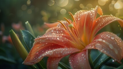 Dew-Covered Orange Lily Flower in Sunlight