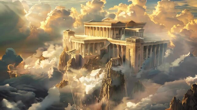 Mount Olympus, the magnificent house of the Greek gods, surrounded by clouds