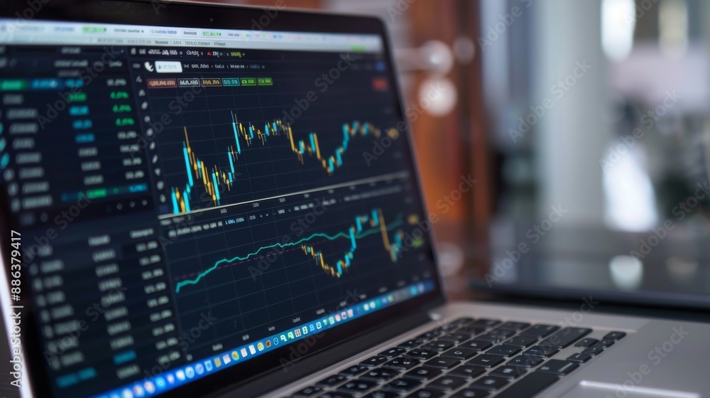 Poster a close-up of a laptop screen with a detailed stock market graph and analysis tools.