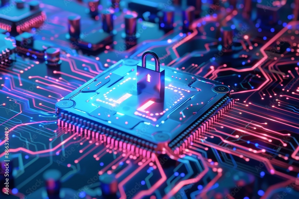 Poster a padlock secured on a circuit board, symbolizing data encryption and security measures, designing a