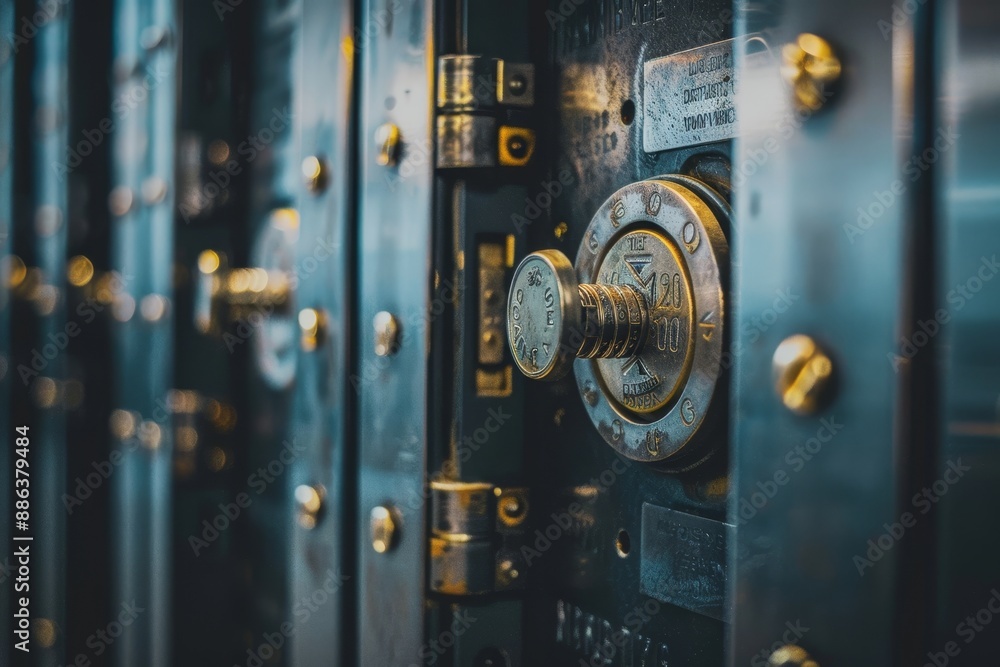 Poster detailed view of a bank vault with a secure lock mechanism, designing a secure data storage system w