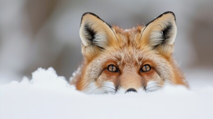 Fototapeta premium The tips of a fox's ears peek out from the snow against a softly blurred bokeh background, capturing a whimsical and serene winter moment.