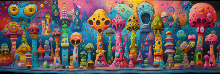 Surreal, colorful landscape featuring various fantastical, vibrant mushroom-like structures with intricate patterns and unique designs, set against a cosmic, abstract background.