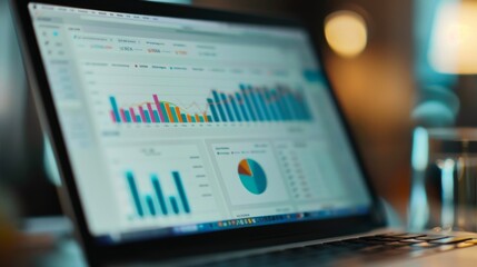 A close-up of a laptop screen displaying a colorful bar graph showing quarterly revenue.