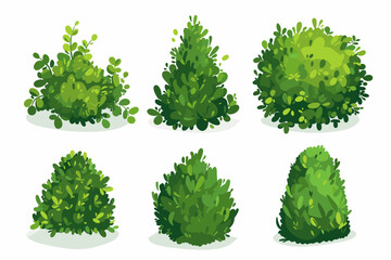 Set of decorative vector bush illustrations on a white background. Green flat bushes on white background. Green grass vector set. Shrub bush shrubbery tree simple abstract. Eco element, foliage
