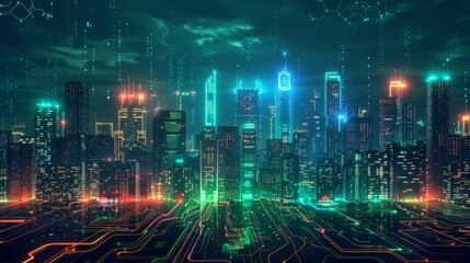 Fototapeta premium Futuristic Smart Cyber City illustration: Innovative Urban Landscape in Digital Circuitry, futuristic technology concept, Graphic Resources, Wallpapers, Brochure, Websites, banner design, Advertising,