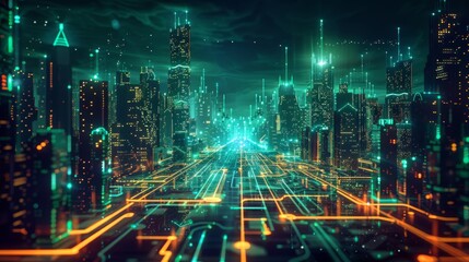 Futuristic Smart Cyber City illustration: Innovative Urban Landscape in Digital Circuitry, futuristic technology concept, Graphic Resources, Wallpapers, Brochure, Websites, banner design, Advertising,