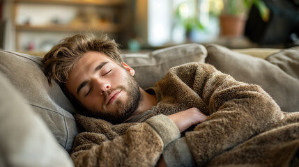 Man sleeping peacefully on a comfortable couch in a cozy living room, wrapped in a soft blanket, creating a serene and restful atmosphere.