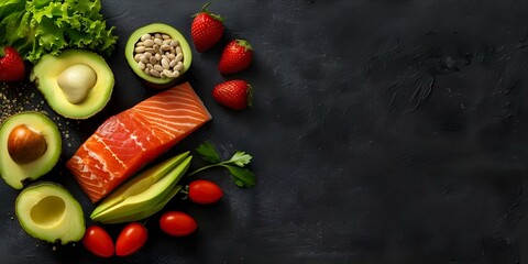 Assorted healthy foods with avocado and salmon in overhead shot. Concept Healthy Eating, Avocado Recipes, Salmon Dishes, Nutrition Tips, Food Photography