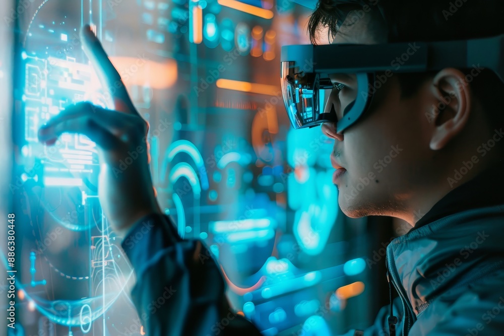 Poster a man wearing virtual reality glasses is pointing at a screen in a futuristic setting, designing fut