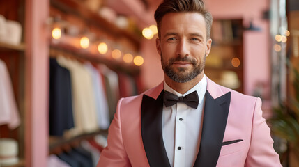 Fototapeta premium Man in a pink suit and bowtie standing in a stylish clothing store, confidently smiling, showcasing modern fashion and a well-groomed appearance.