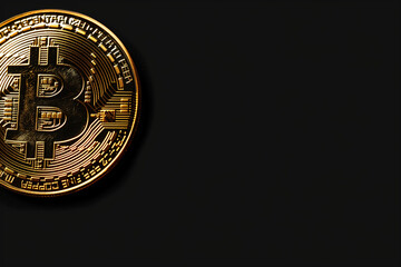 Centered Bitcoin Cryptocurrency Symbol on Solid Black Background with Copy Space - Minimalist Representation of Virtual Currency and Investment