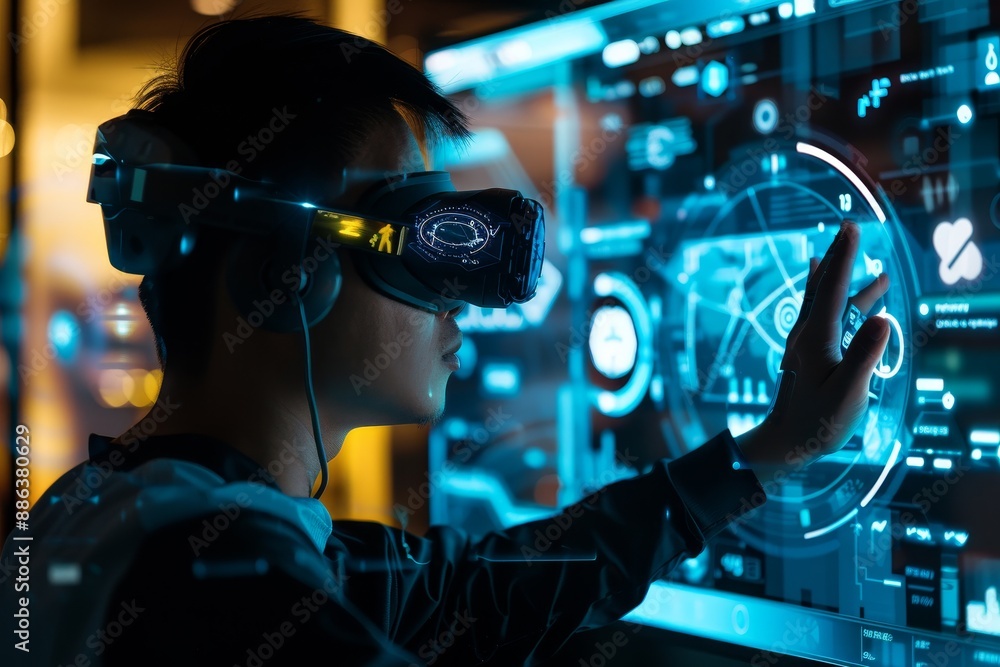 Poster a man wearing a virtual reality headset, interacting with digital environments and simulations, desi
