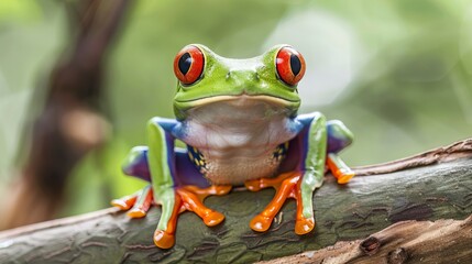 Fototapeta premium Red-eyed tree frog sitting on a branch and smiling 