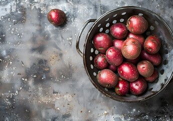 Red Potatoes in Rustic Colander, Top View