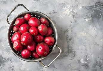 Red Potatoes in Metal Colander on Concrete