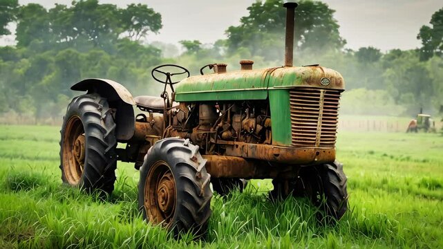 An old rusty tractor on a green field