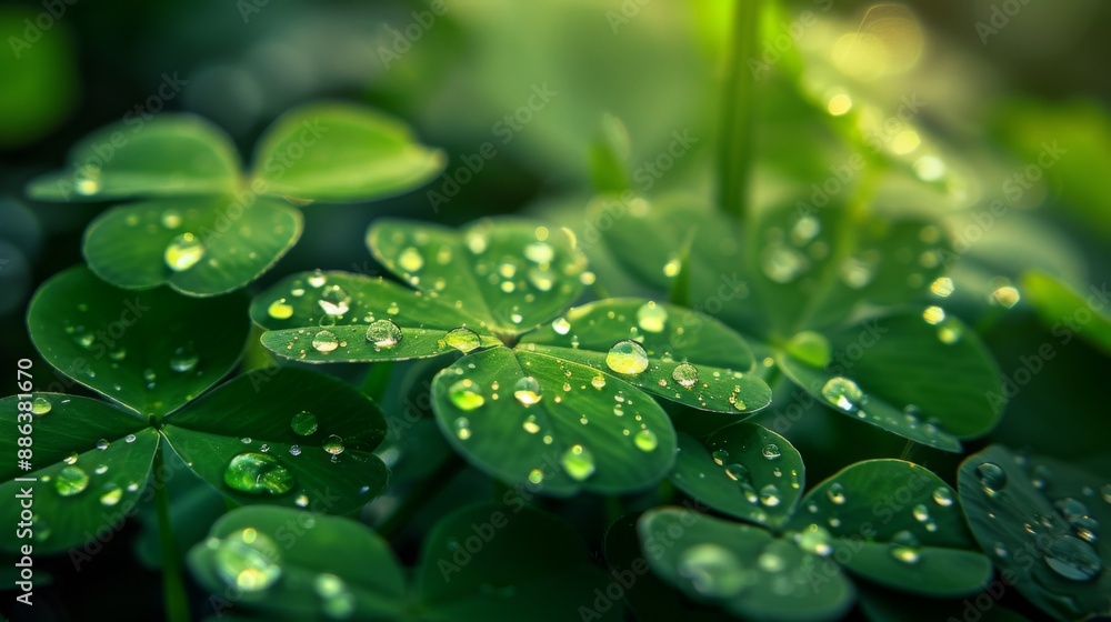 Poster a close-up of tiny droplets on a clover leaf, with a soft focus on the background.