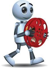 3D illustration of a little robot  worker carry movies roll symbol on isolated white background